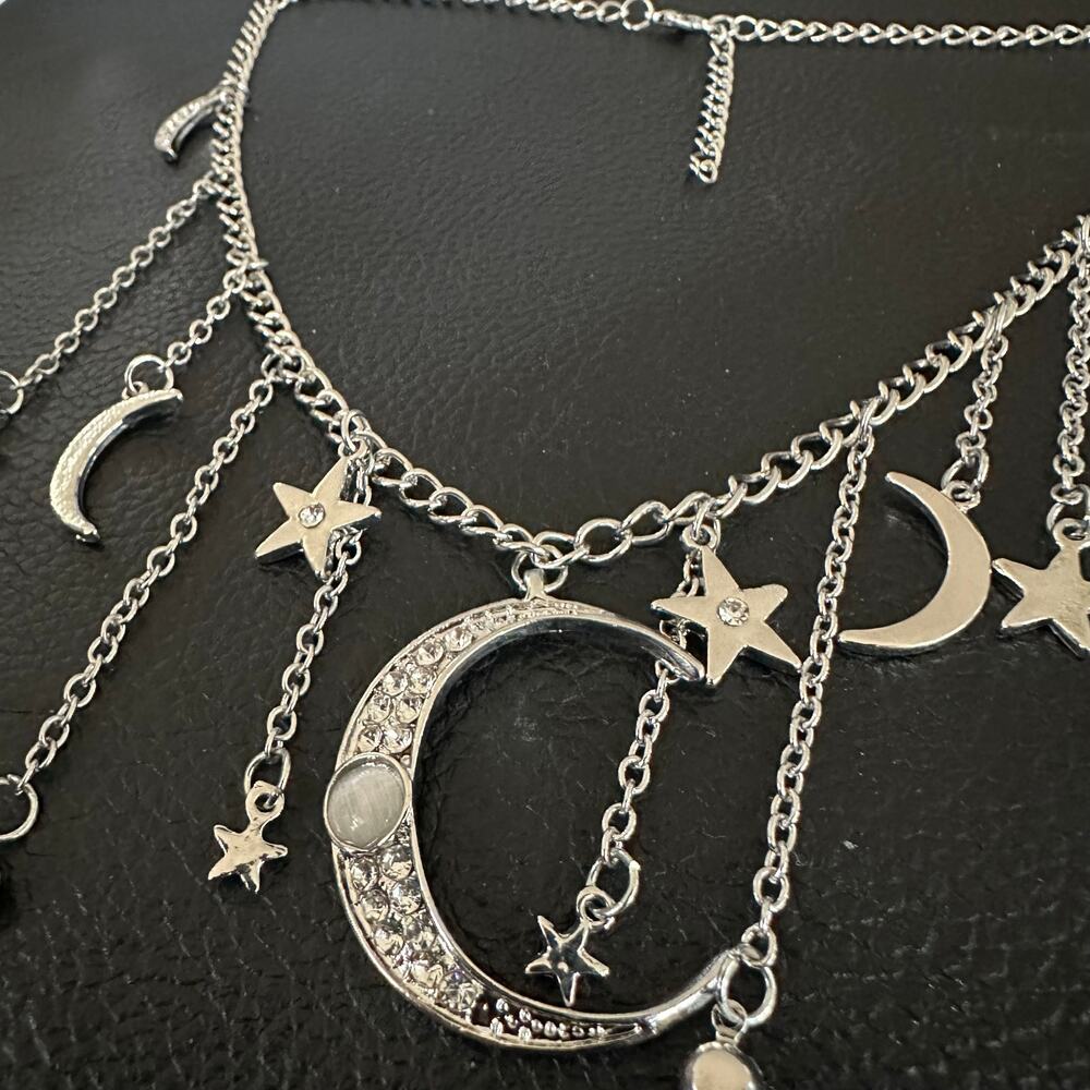 Moon & Stars Celestial Boho Silver Tone necklace